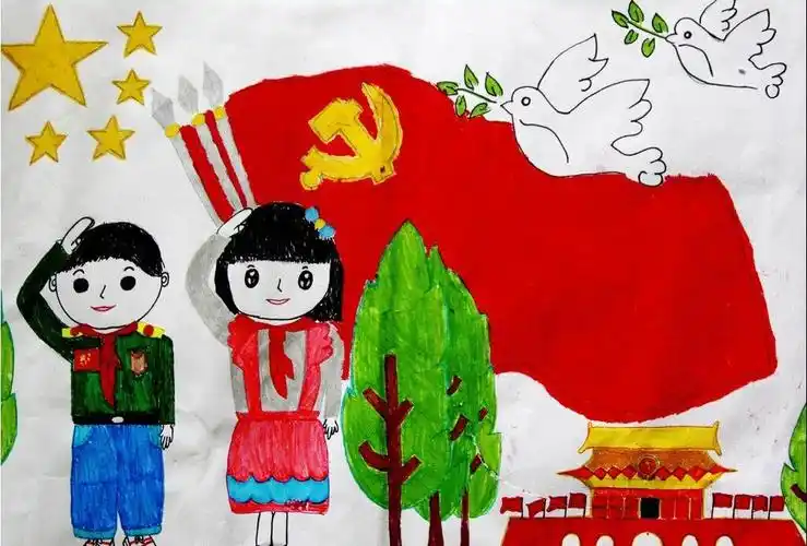 我给党旗敬个礼,图片,儿童画教程-学笔画