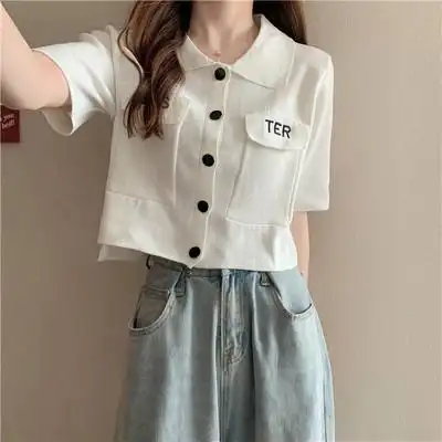 翻领白色短袖t恤女夏短款娃娃领上衣设计感小众女装2022新款潮