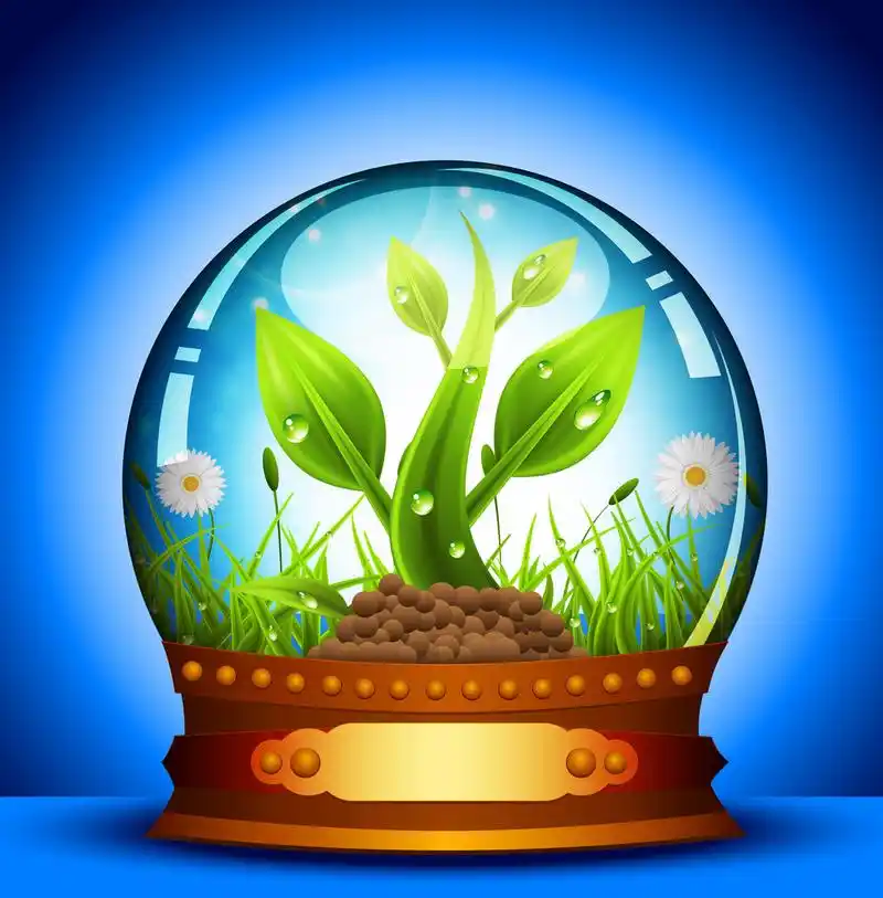 玻璃球,春天风景和玻璃球向量插图.