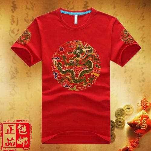 春夏中国风男装短袖 t恤龙袍补子图案 金龙花纹纯棉半袖复古衣服