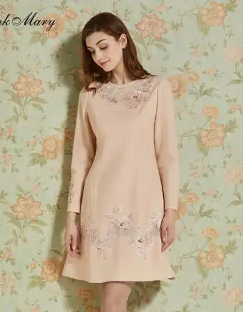 绣花钉珠蕾丝拼接长袖连衣裙女镂空中裙子女装粉红玛丽肤色l码17088a