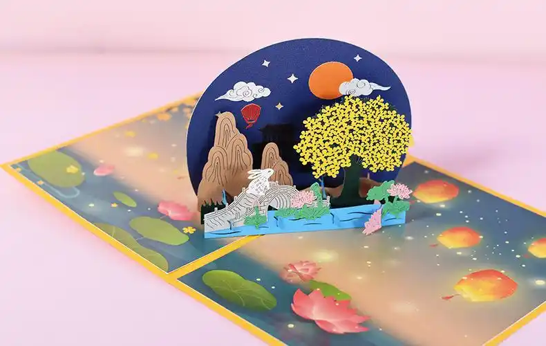 2021新款中国风中秋节贺卡3d立体创意手工纸雕节日贺卡logo祝福语