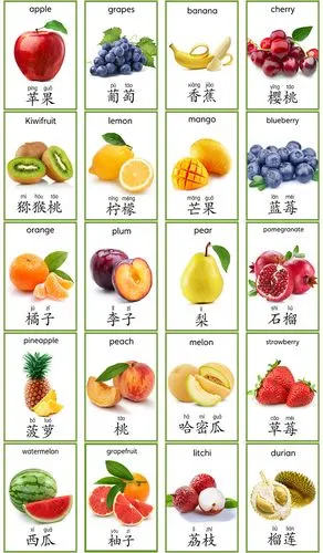水果认知英语汉字卡片彩图防水闪卡26张幼儿园早教闪卡