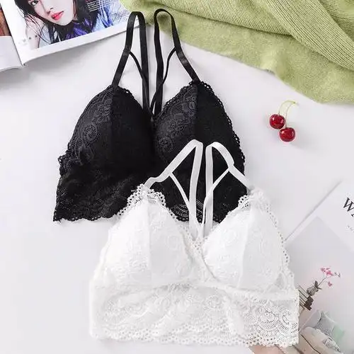 法式交叉蕾丝美背裹胸吊带抹胸防走光带胸垫无钢圈运动文胸女