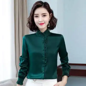 雪纺衫长袖流行款高档雪纺衬衫女年春秋装女士上衣春季打底衫立领衬衣