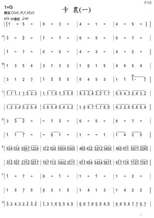 《卡农》的数字钢琴简谱?