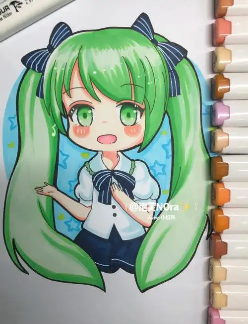 q版动漫女生人物初音未来附线稿