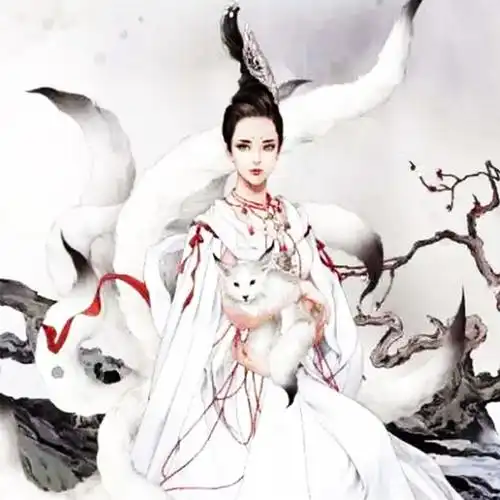 可狄 狐仙娘娘画像九尾狐神像挂画保家仙供奉画画卷轴画 土黄色-b