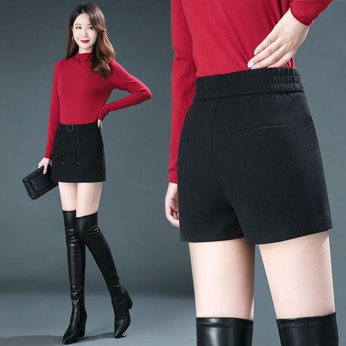 毛呢短裤新款女士松紧高腰冬天配靴子直筒裤子女秋冬显瘦粗腿裙裤