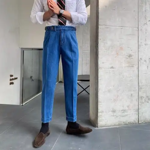 三先生那不勒斯深蓝色牛仔裤高腰直筒男裤巴黎长裤复古牛仔裤