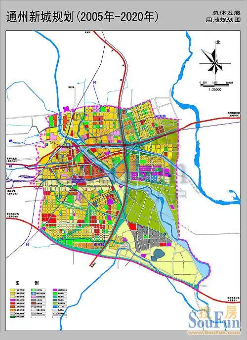 通州新城用地规划图.仅供大家参考,开卷总会有益.穿过城市中心的是运