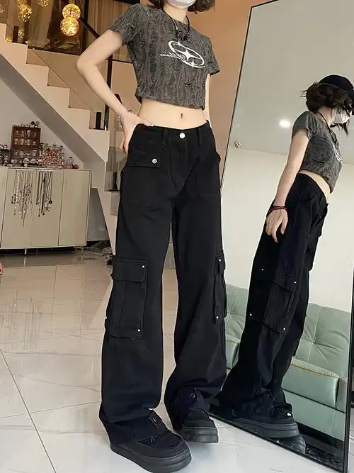 实拍实价~辣妹黑色牛仔工装裤女高腰街头水洗直筒阔腿裤休闲 - 17网