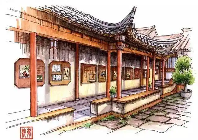 被定格的"江南乐韵" 太仓江南丝竹馆马克笔画