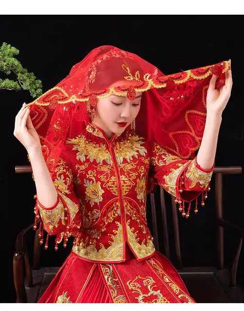 新娘红盖头结婚中式秀禾头纱蕾丝半透明红色网纱古风蒙头喜帕