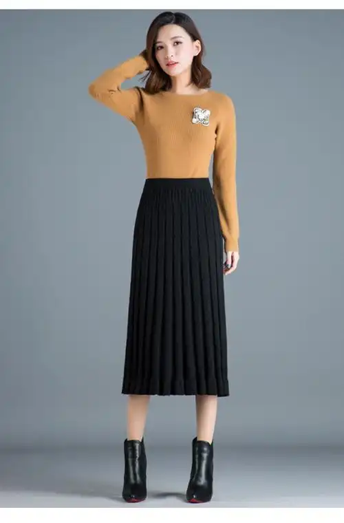 怡蓝 针织百褶裙中长款冬裙女2019秋冬长裙加厚毛线裙子高腰a字半身裙