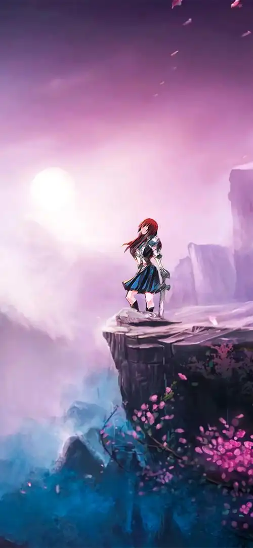 站在悬崖边的红发动漫短裙少女