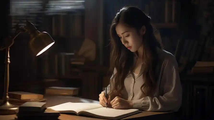 一个女孩在台灯下的夜读读写台灯认真学习读书写字