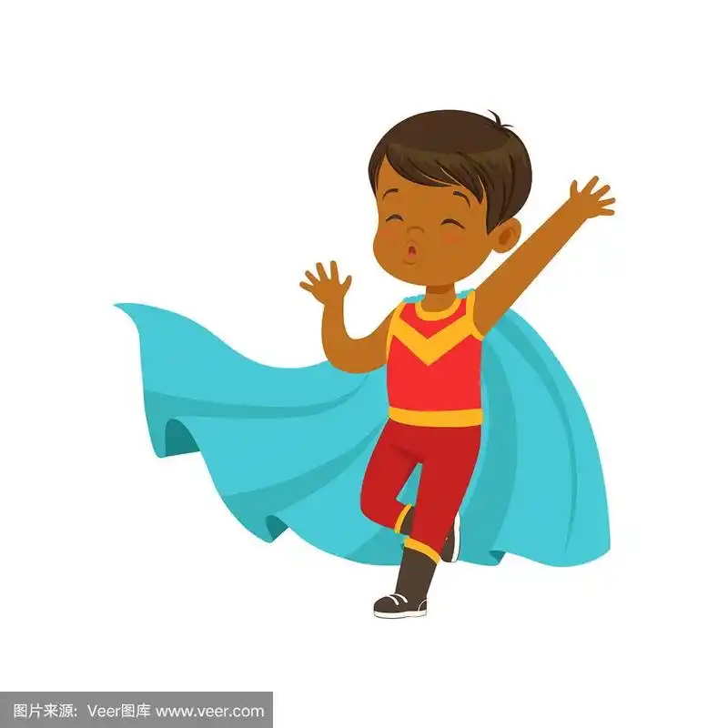 漫画勇敢的孩子穿着超级英雄红色服装,戴着面具和蓝色斗篷.