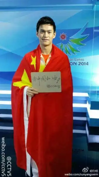 孙杨身披国旗.