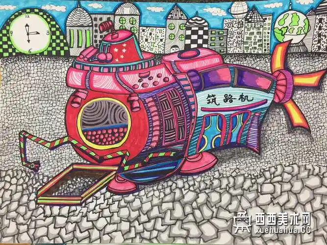 一等奖小学生获奖科幻画《未来的环保筑路机》赏析