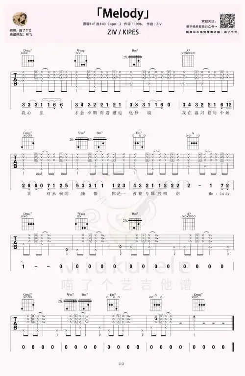 melody吉他谱zivkipes甜蜜情歌吉他弹唱