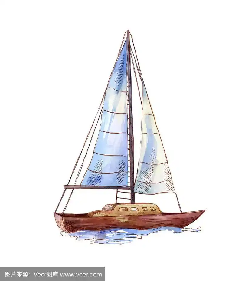 矢量水彩帆船孤立在白色.素描风格的海景