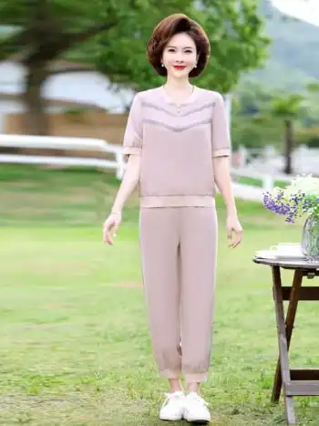妈妈夏装套装40-50岁中年女装洋气冰丝上衣服中老年人桑蚕丝t恤夏洋气