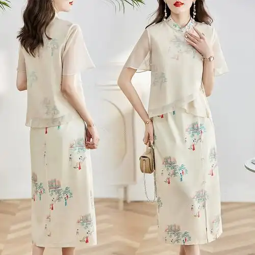 现货复古旗袍套装新款2024年夏季套装两件套蕾丝拼接文艺新中式