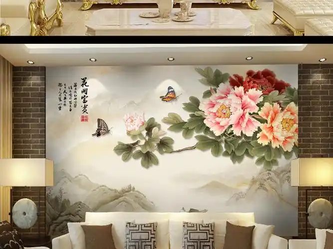 大理石纹理牡丹花电视背景墙花开富贵
