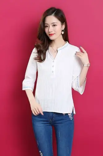 粉红甜美小清新衬衫女春夏新款七分袖宽松上衣绣花打底衫 白色 xl