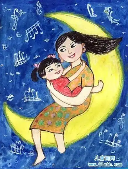 有创意的母亲节儿童画图片我和妈妈坐月亮上