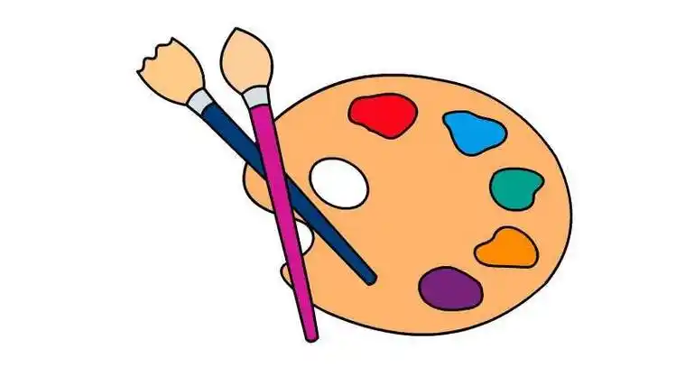 2,然后画出调色盘上的颜料的颜色,旁边再画两支画笔.