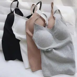 吊带上衣女修身带胸垫弹力螺纹棉短款露脐小背心秋无袖温柔一片式