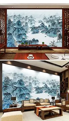四扇屏山水画背景墙|巨幅工笔山水画新中式中国风背景墙