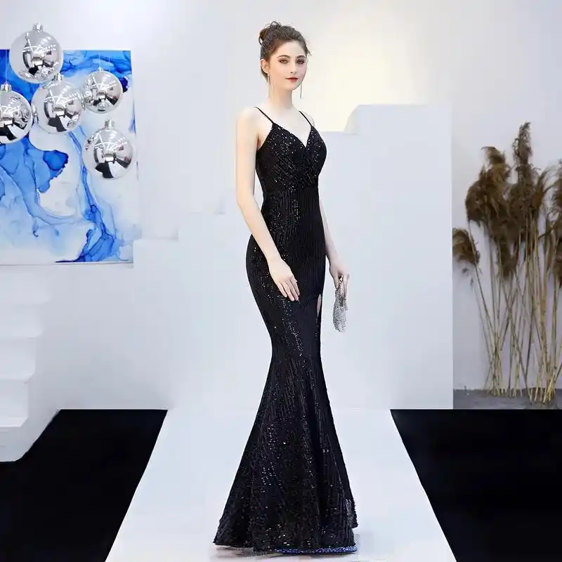 黑色晚礼服女气质优雅时尚宴会年会.