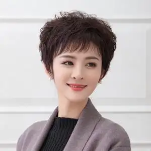 短卷发假发女短发中老年纹理烫蓬松 斜刘海气质修脸时尚妈妈真发