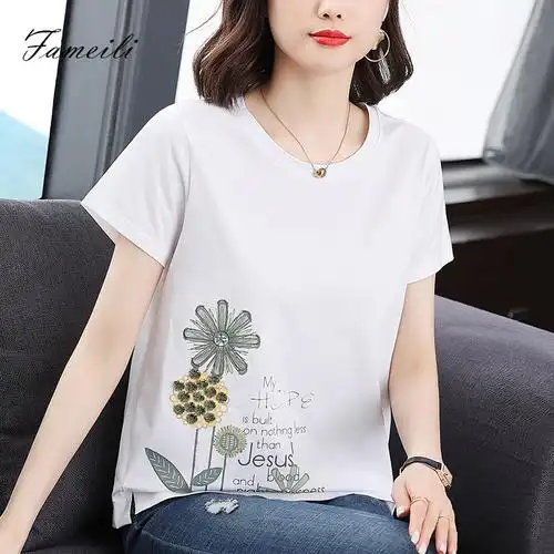 短袖t恤女宽松妈妈夏装全棉t体桖