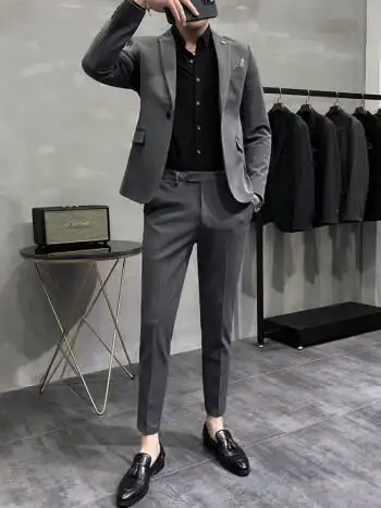 轻熟西服男韩版修身外套高感百搭感小众西装礼服2022 中灰色(西服