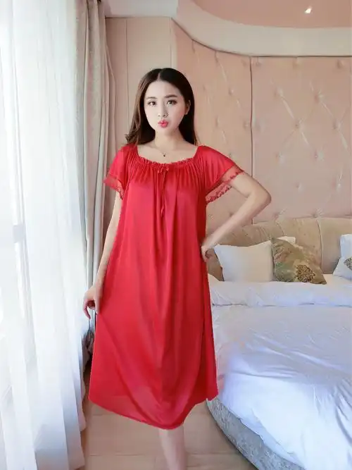 夏季加大加肥性感女士冰丝中长款睡裙批发 短袖中年女士家居睡裙