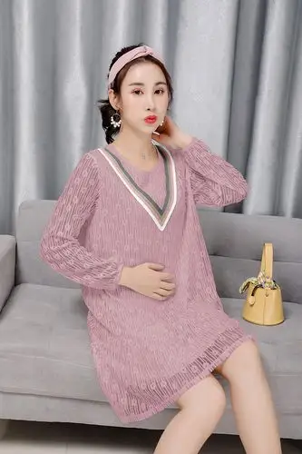 实拍孕妇装2019早秋新款孕妇连衣裙蕾丝中长款连衣裙宽松孕妇裙潮