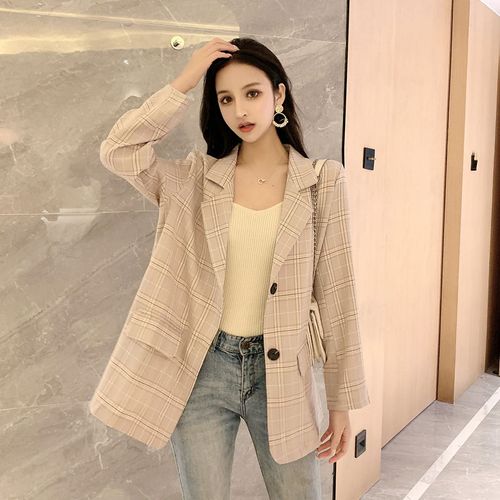 2021春秋款复古女装休闲气质薄款百搭格子短外套时尚小西装外套