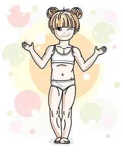 可爱的金发小女孩穿着内衣站在五颜六色的背景上,泡泡和圆圈.