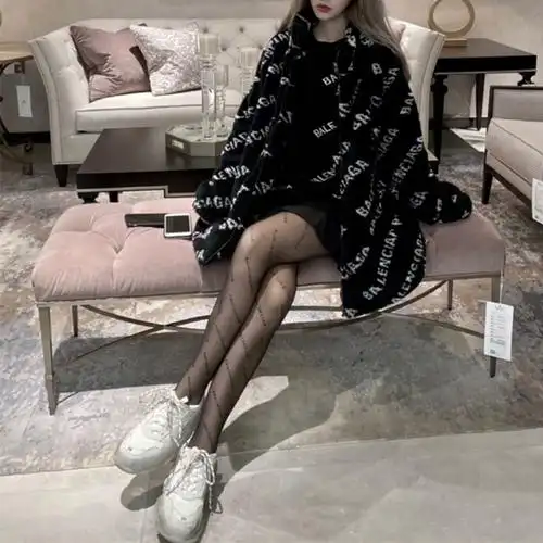 g字母性感黑色蝴蝶结渔网丝袜女烫钻连裤袜印花春秋薄ins潮牌满印