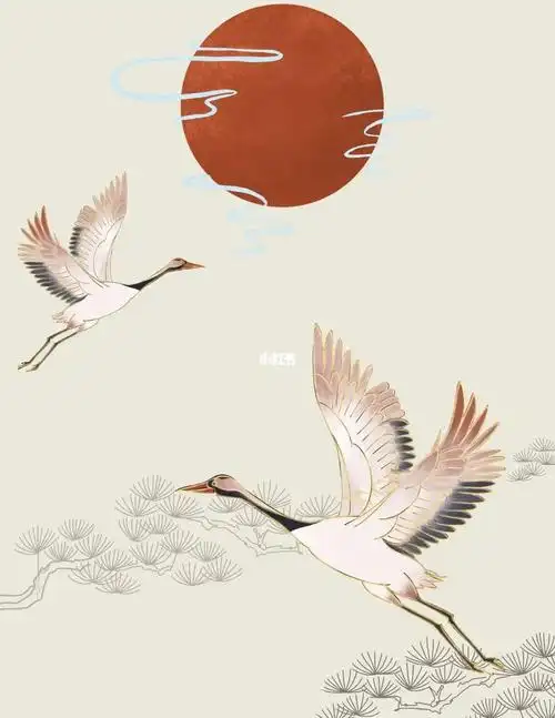 国风仙鹤插画加上金边又是两幅新画了