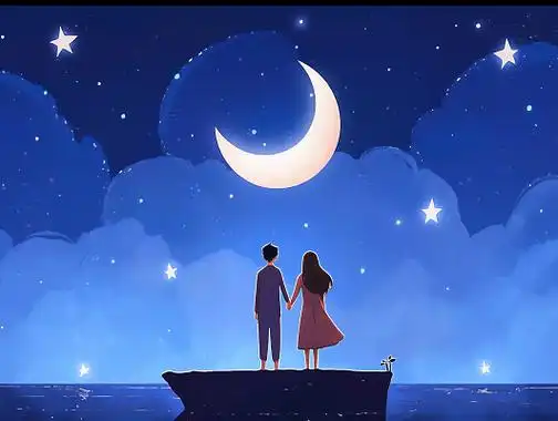 情侣牵手在夜晚欣赏星空唯美浪漫情人节爱情双人手绘插画温馨氛围感