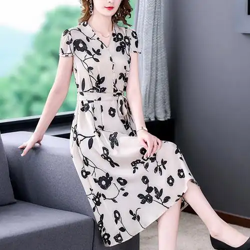 夏装真丝连衣裙时尚气质40岁中年妈妈女装新款桑蚕丝裙子过膝高贵
