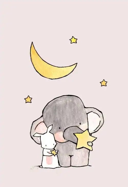 治愈系手绘插画:一只小象和一只小白兔,有时友谊就是这么简单.