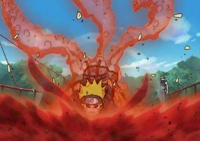 当鸣人进入尾兽外衣状态后,他的周身会覆盖上九尾的红色查克拉,情绪也