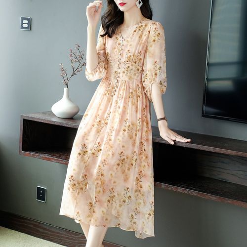 女装碎花夏裙高级感奢华高档真丝裙子桑蚕丝高端大气上档次连衣裙