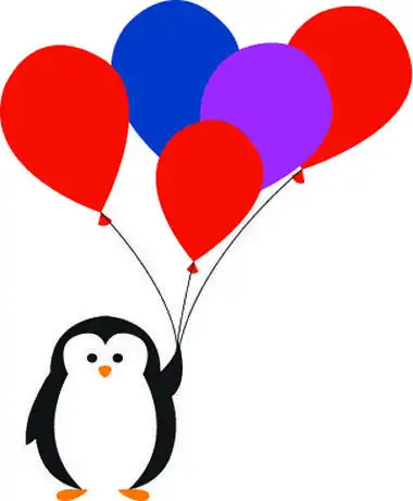 可爱的企鹅宝宝拿着红色,蓝色和紫色的彩色气球,从前面看,在白色背景